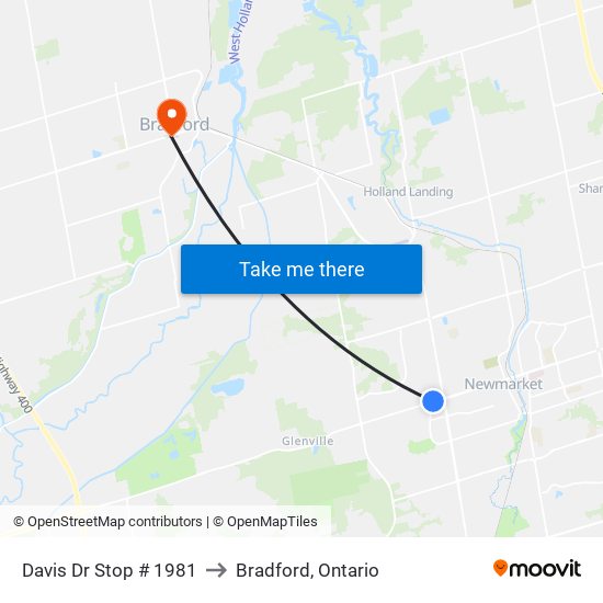 Davis Dr Stop # 1981 to Bradford, Ontario map