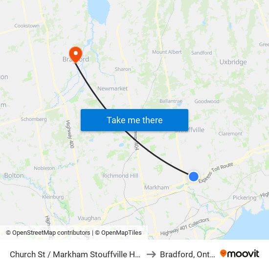 Church St / Markham Stouffville Hospital to Bradford, Ontario map