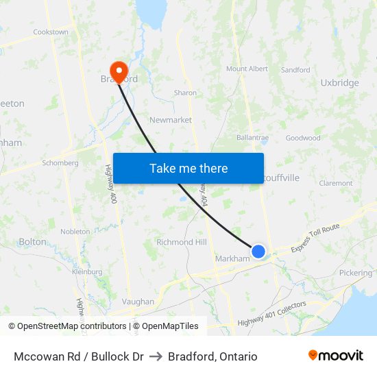 Mccowan Rd / Bullock Dr to Bradford, Ontario map