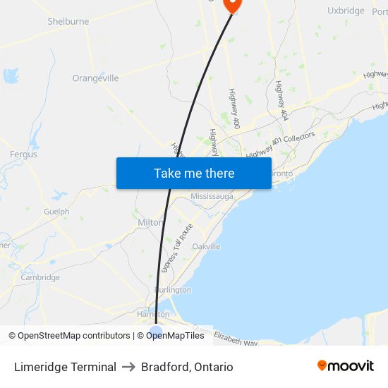 Limeridge Terminal to Bradford, Ontario map