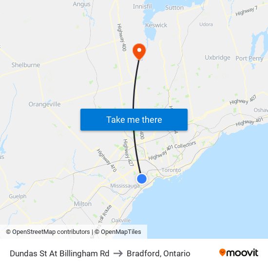 Dundas St At Billingham Rd to Bradford, Ontario map