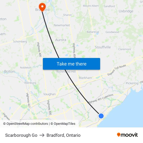 Scarborough Go to Bradford, Ontario map