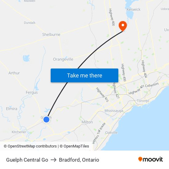 Guelph Central Go to Bradford, Ontario map