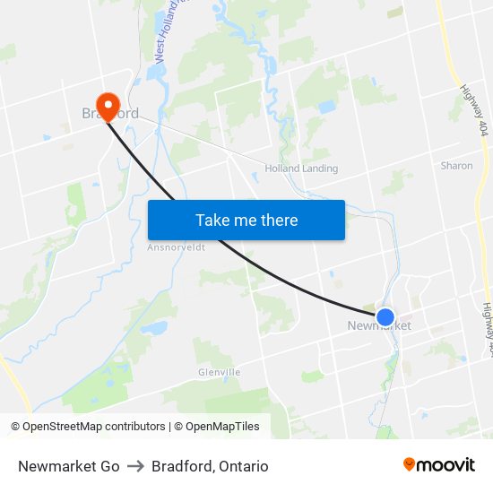 Newmarket Go to Bradford, Ontario map