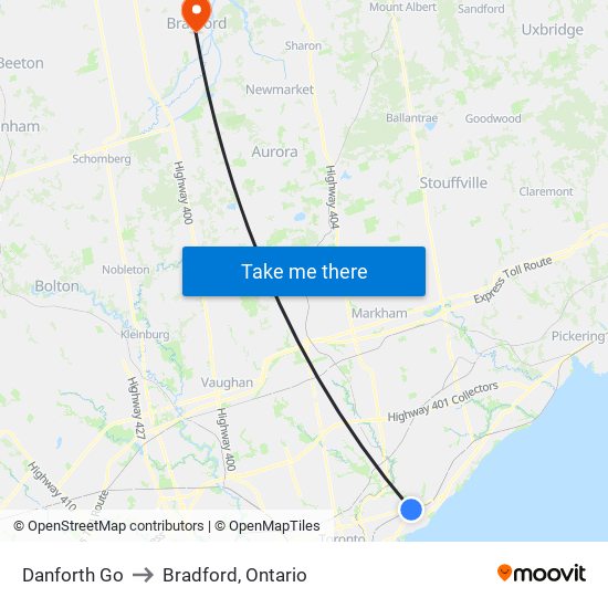 Danforth Go to Bradford, Ontario map