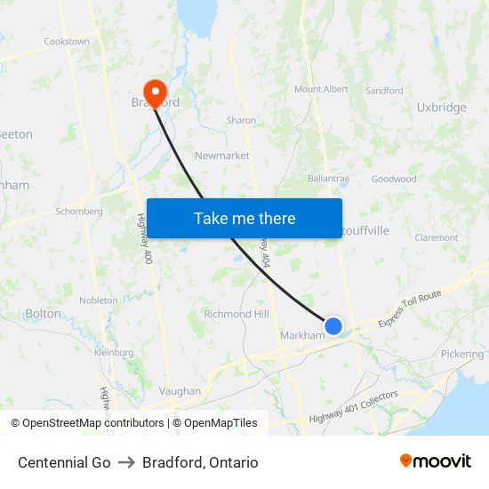 Centennial Go to Bradford, Ontario map