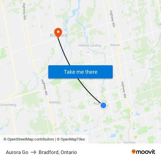 Aurora Go to Bradford, Ontario map