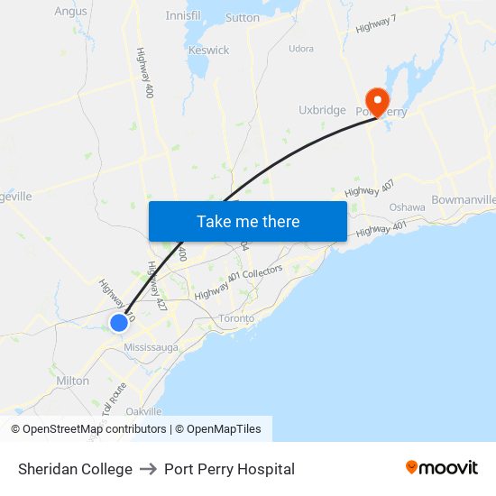Sheridan College to Port Perry Hospital map