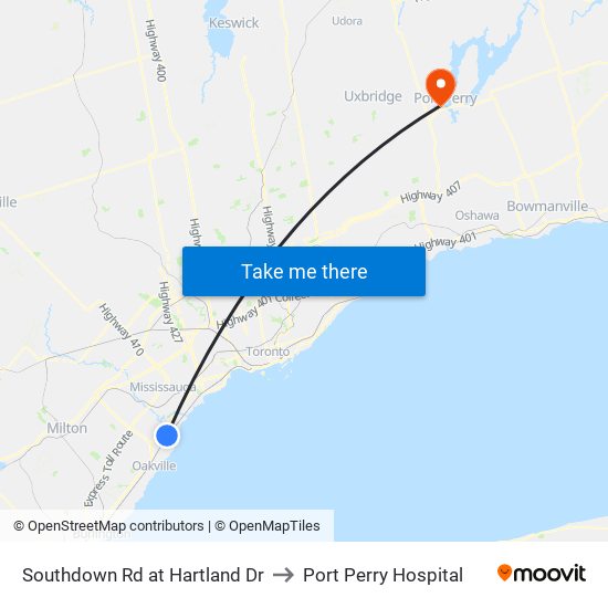 Southdown Rd at Hartland Dr to Port Perry Hospital map