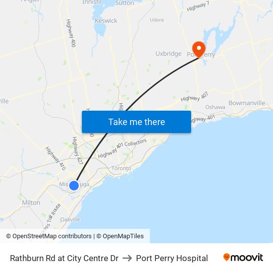 Rathburn Rd at City Centre Dr to Port Perry Hospital map