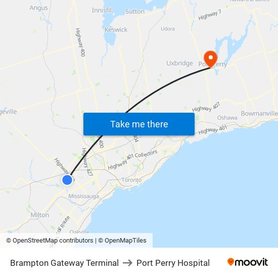 Brampton Gateway Terminal to Port Perry Hospital map