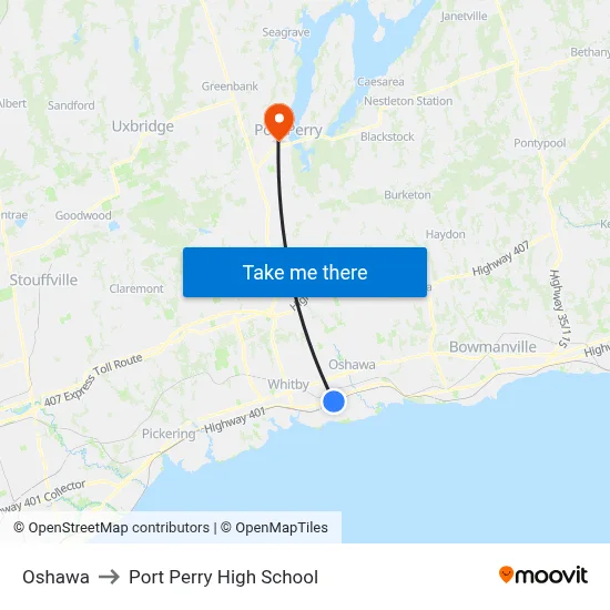 Oshawa to Port Perry High School map