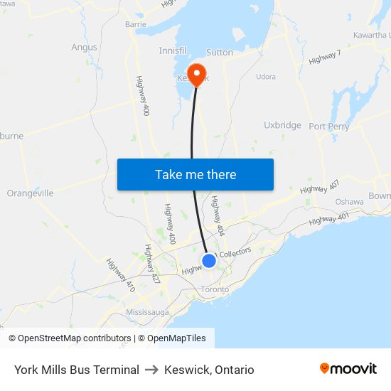 York Mills Bus Terminal to Keswick, Ontario map
