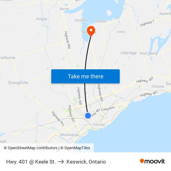 Hwy. 401 @ Keele St. to Keswick, Ontario map