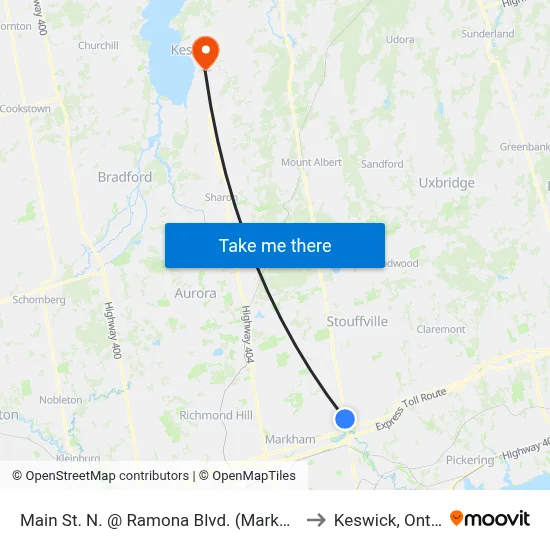 Main St. N. @ Ramona Blvd. (Markham Go) to Keswick, Ontario map