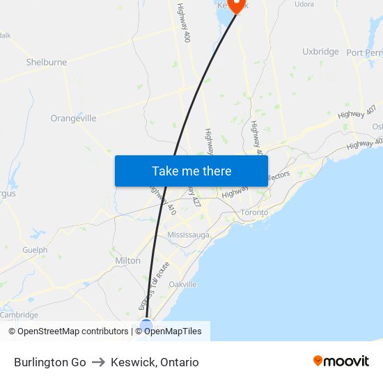 Burlington Go to Keswick, Ontario map