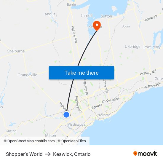 Shopper's World to Keswick, Ontario map