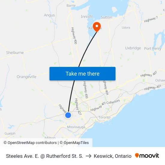 Steeles Ave. E. @ Rutherford St. S. to Keswick, Ontario map