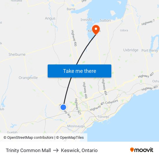 Trinity Common Mall to Keswick, Ontario map