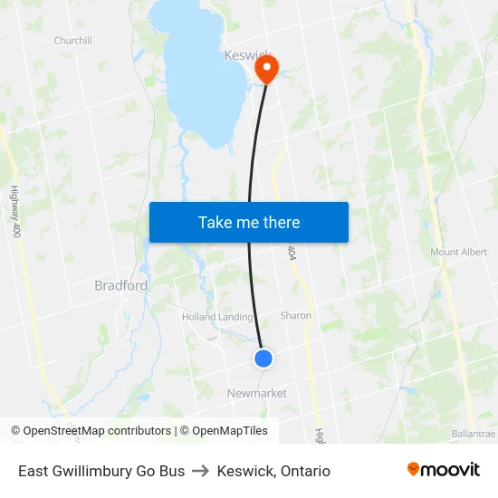 East Gwillimbury Go Bus to Keswick, Ontario map