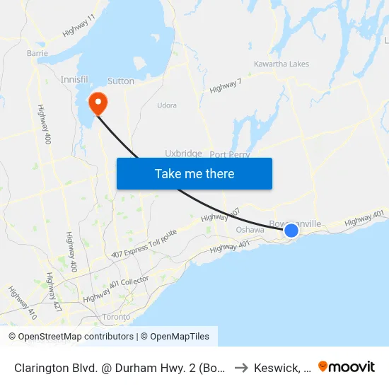 Clarington Blvd. @ Durham Hwy. 2 (Bowmanville) Park & Ride to Keswick, Ontario map