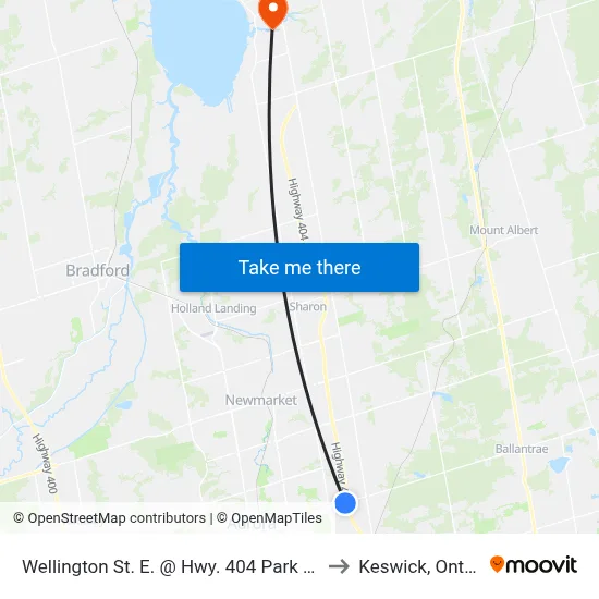 Wellington St. E. @ Hwy. 404 Park & Ride to Keswick, Ontario map
