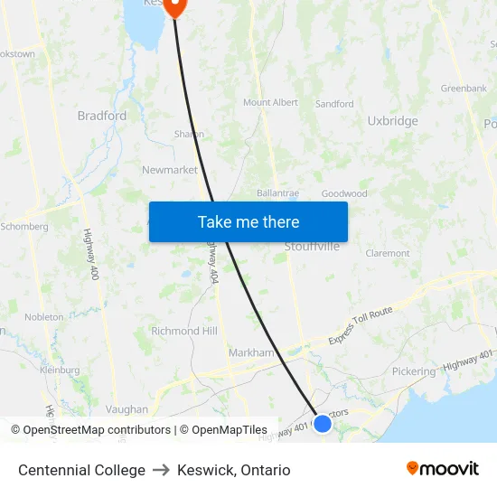 Centennial College to Keswick, Ontario map