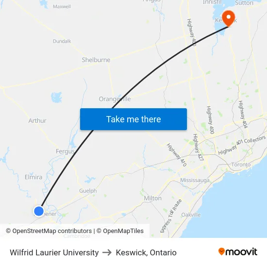 Wilfrid Laurier University to Keswick, Ontario map