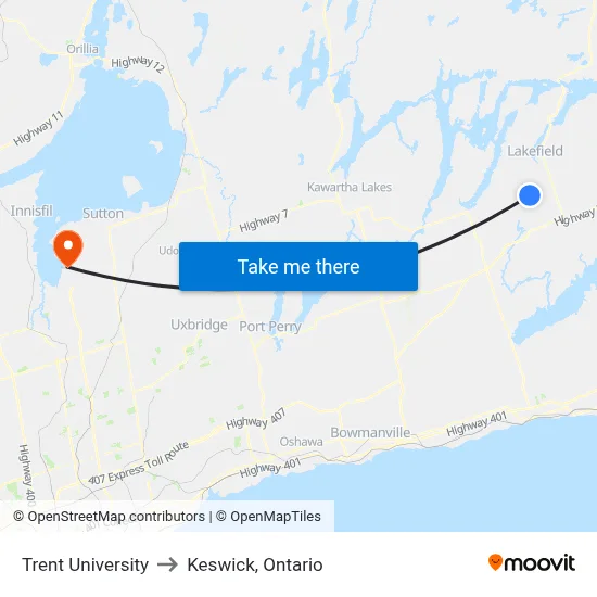 Trent University to Keswick, Ontario map
