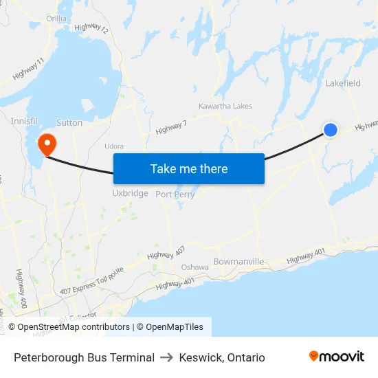 Peterborough Bus Terminal to Keswick, Ontario map