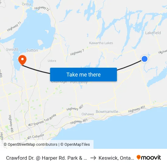 Crawford Dr. @ Harper Rd. Park & Ride to Keswick, Ontario map