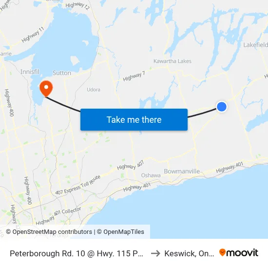 Peterborough Rd. 10 @ Hwy. 115 Park & Ride to Keswick, Ontario map
