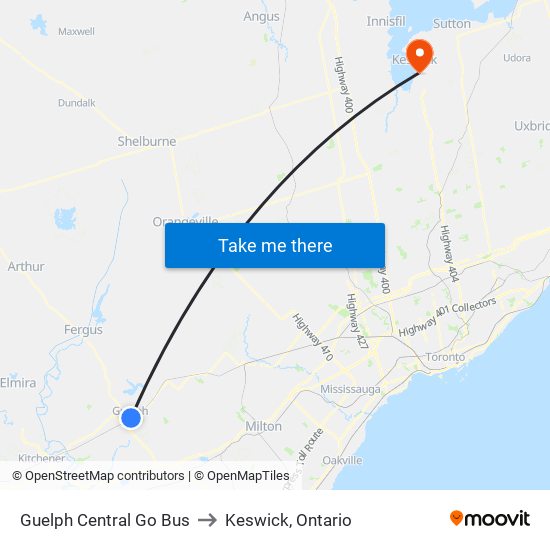 Guelph Central Go Bus to Keswick, Ontario map