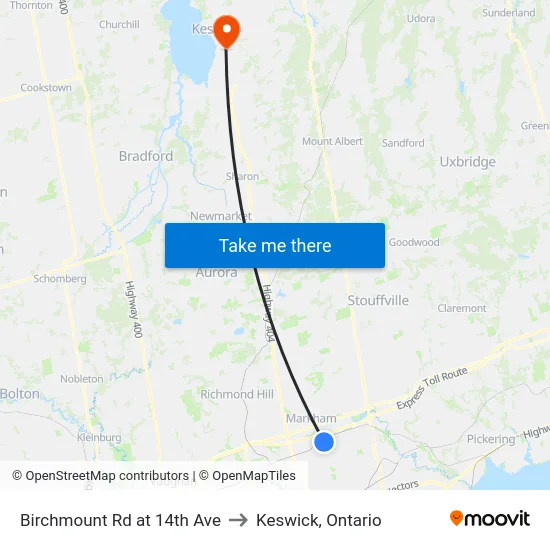 Birchmount Rd at 14th Ave to Keswick, Ontario map