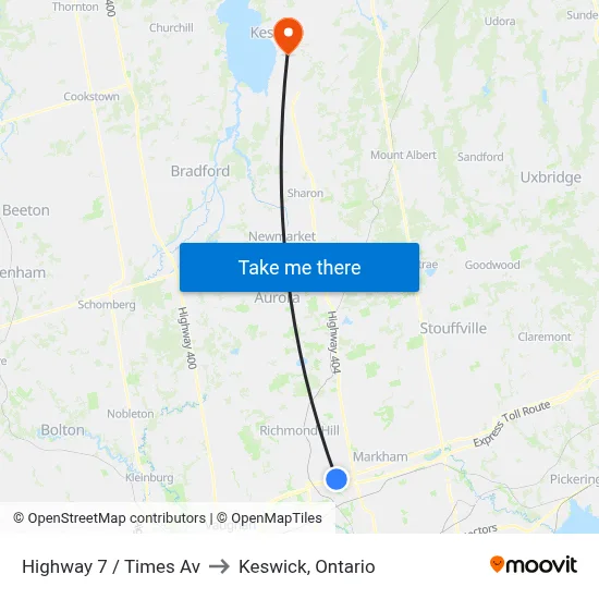 Highway 7 / Times Av to Keswick, Ontario map