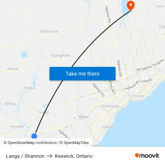 Langs / Shannon to Keswick, Ontario map