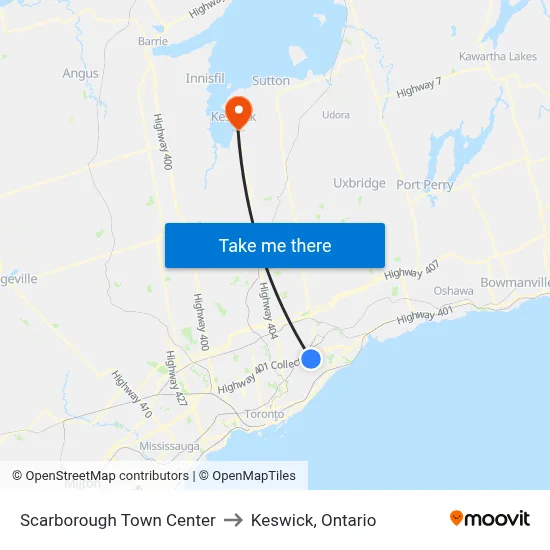 Scarborough Town Center to Keswick, Ontario map