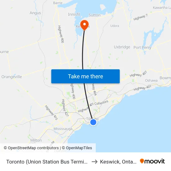 Toronto (Union Station Bus Terminal) to Keswick, Ontario map