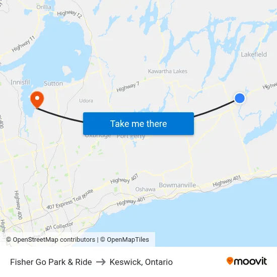 Fisher Go Park & Ride to Keswick, Ontario map