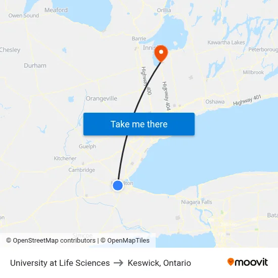University at Life Sciences to Keswick, Ontario map