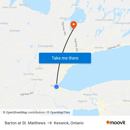 Barton at St. Matthews to Keswick, Ontario map