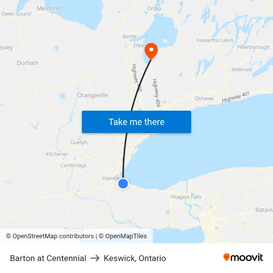 Barton at Centennial to Keswick, Ontario map