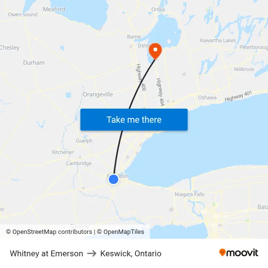 Whitney at Emerson to Keswick, Ontario map