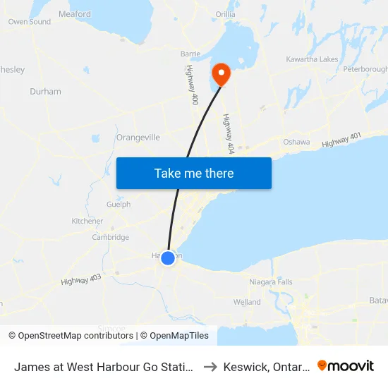 James at West Harbour Go Station to Keswick, Ontario map
