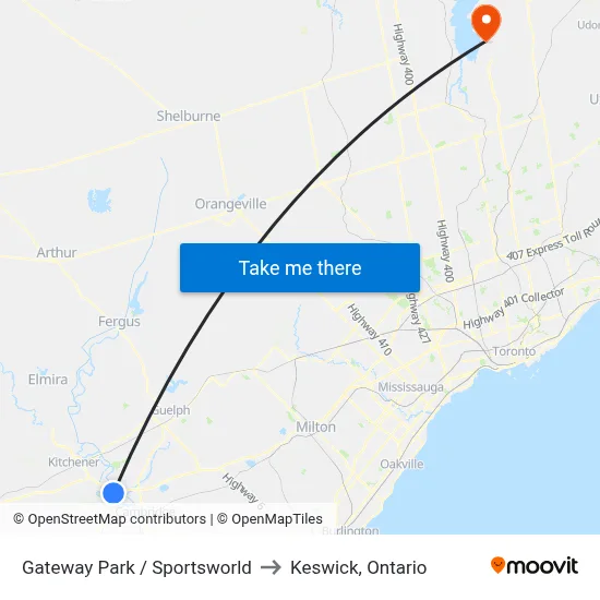 Gateway Park / Sportsworld to Keswick, Ontario map