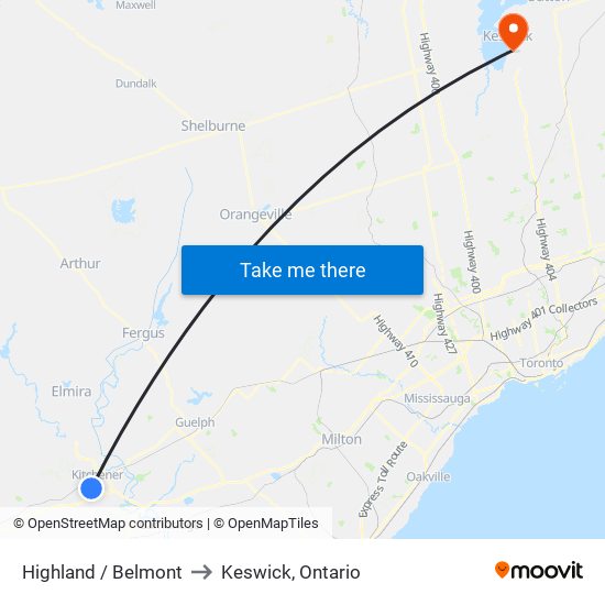 Highland / Belmont to Keswick, Ontario map