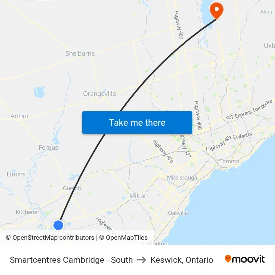 Smartcentres Cambridge - South to Keswick, Ontario map