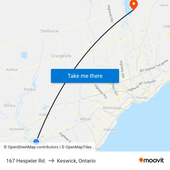 167 Hespeler Rd. to Keswick, Ontario map
