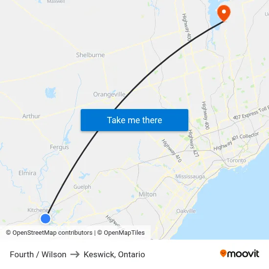 Fourth / Wilson to Keswick, Ontario map