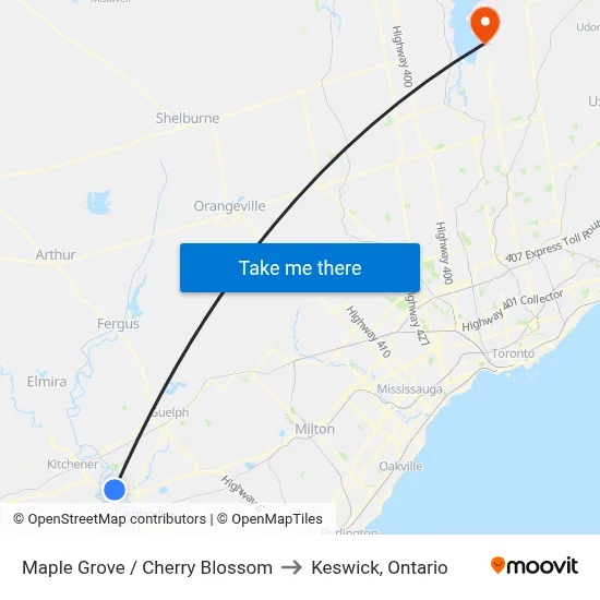 Maple Grove / Cherry Blossom to Keswick, Ontario map